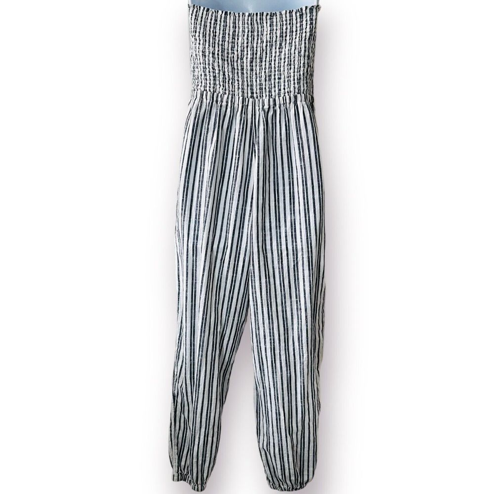 Aerie 100% Cotton Jumpsuit Striped Blue White Strapless Bow Tie Front Medium - Picture 2 of 11